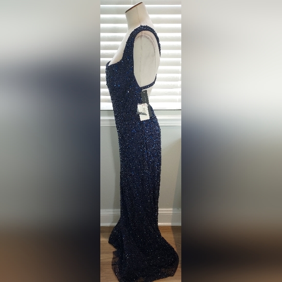 Aidan Mattox Navy Beaded & Sequin Full Length Sleeveless Gown NWT - Picture 4 of 13